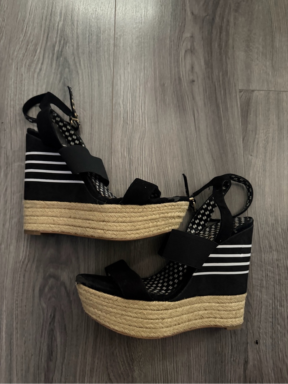 Jessica Simpson Black Espadrille Wedge Sandals with Striped Detail